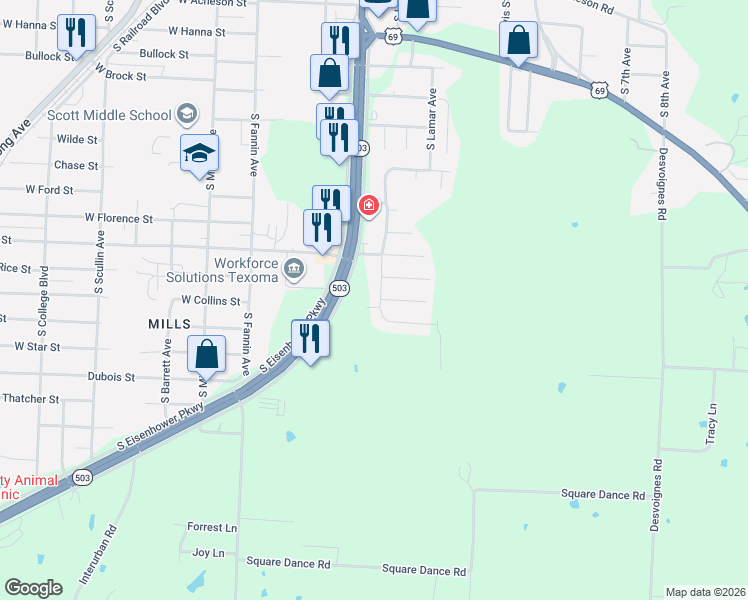 map of restaurants, bars, coffee shops, grocery stores, and more near 17 Circle Drive in Denison