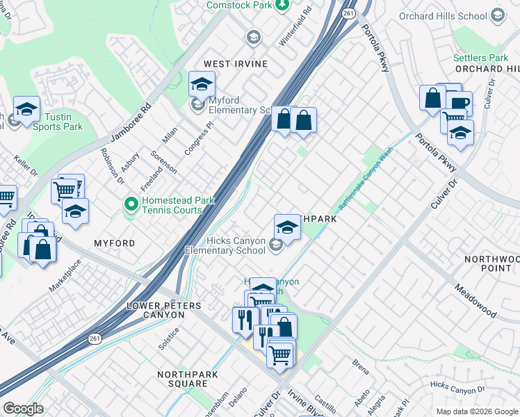 map of restaurants, bars, coffee shops, grocery stores, and more near 37 Spring Valley in Irvine
