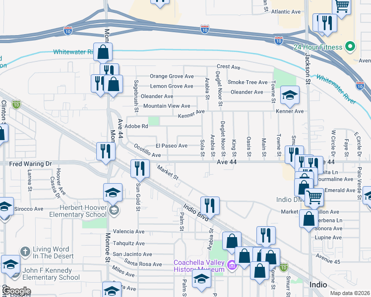 map of restaurants, bars, coffee shops, grocery stores, and more near 82359 El Paseo Avenue in Indio