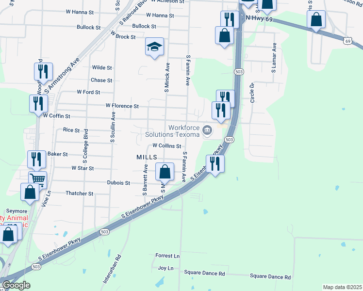 map of restaurants, bars, coffee shops, grocery stores, and more near 501 W Collins St in Denison