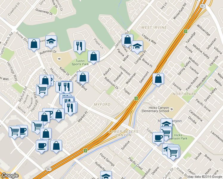 map of restaurants, bars, coffee shops, grocery stores, and more near 8 Cliffwood in Irvine