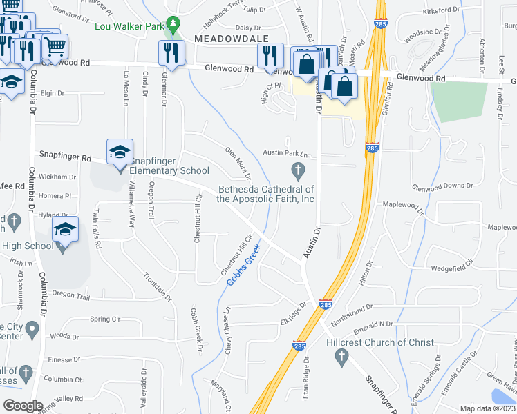 map of restaurants, bars, coffee shops, grocery stores, and more near 3768 Glen Mora Drive in Decatur