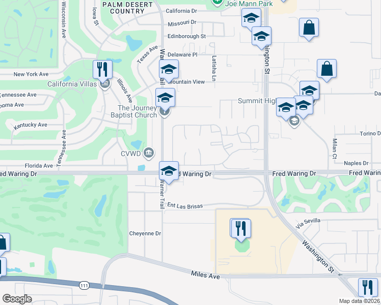 map of restaurants, bars, coffee shops, grocery stores, and more near 43838 Vía Granada in Palm Desert
