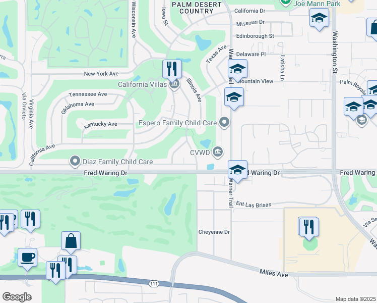 map of restaurants, bars, coffee shops, grocery stores, and more near 43705 Elkhorn Trail in Palm Desert