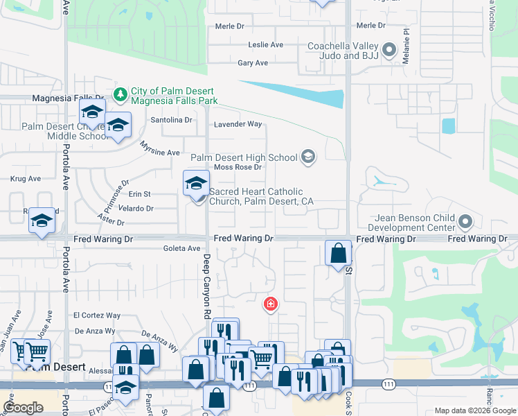 map of restaurants, bars, coffee shops, grocery stores, and more near 68 Rocio Court in Palm Desert