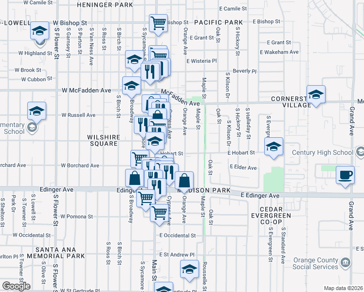 map of restaurants, bars, coffee shops, grocery stores, and more near 1334 Orange Avenue in Santa Ana