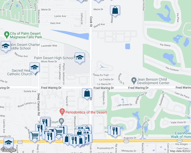 map of restaurants, bars, coffee shops, grocery stores, and more near 75179 Santa Fe Trail in Palm Desert