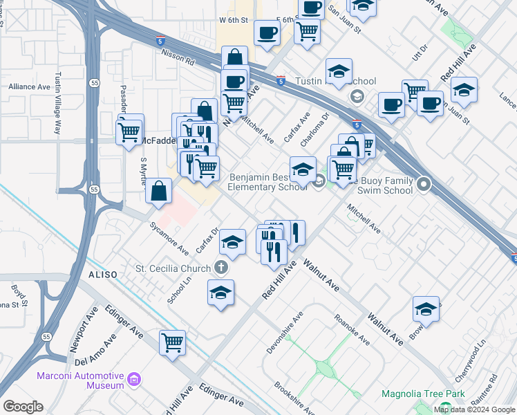 map of restaurants, bars, coffee shops, grocery stores, and more near 14462 Wildeve Lane in Tustin