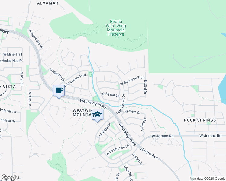 map of restaurants, bars, coffee shops, grocery stores, and more near 8457 West Quail Track Drive in Peoria