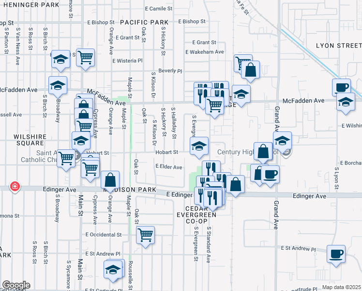map of restaurants, bars, coffee shops, grocery stores, and more near 1308 Cedar Street in Santa Ana