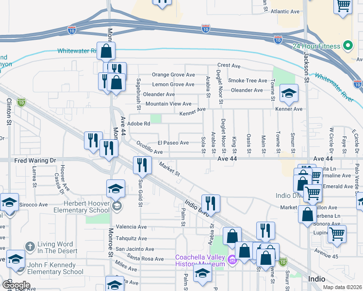 map of restaurants, bars, coffee shops, grocery stores, and more near 82359 El Paseo Avenue in Indio