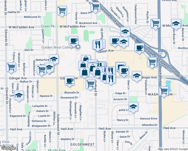 map of restaurants, bars, coffee shops, grocery stores, and more near 7311 Edinger Avenue in Huntington Beach