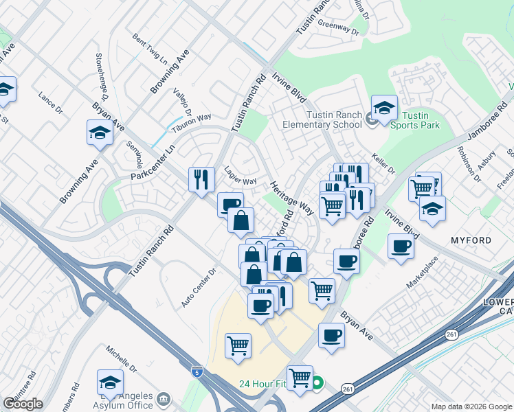 map of restaurants, bars, coffee shops, grocery stores, and more near 13417 Kearney Drive in Tustin