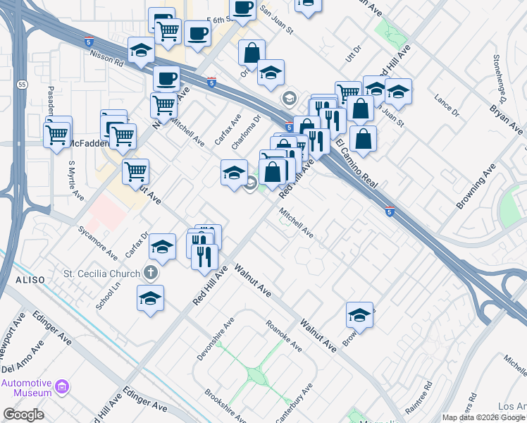 map of restaurants, bars, coffee shops, grocery stores, and more near 14272 Green Valley Drive in Tustin