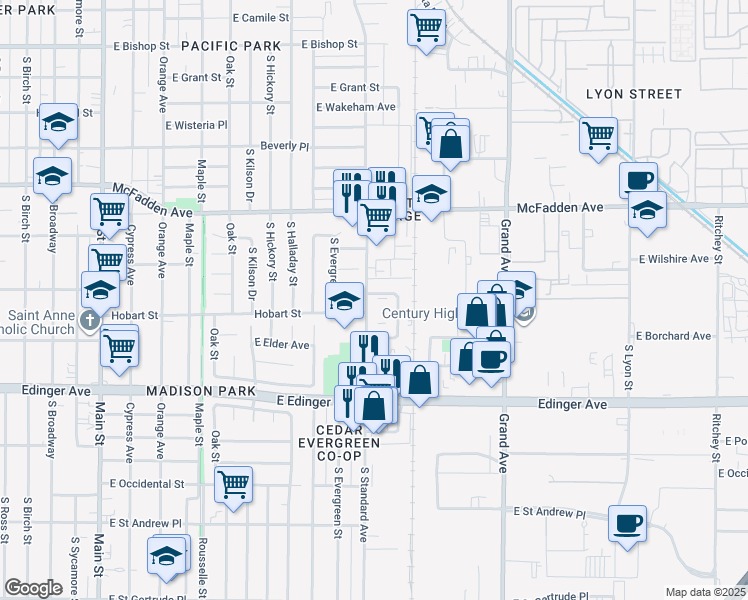 map of restaurants, bars, coffee shops, grocery stores, and more near in Santa Ana