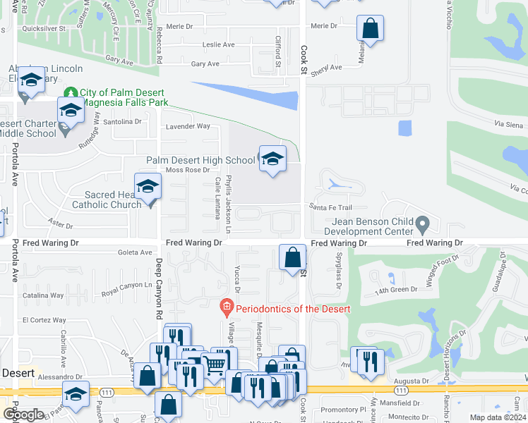 map of restaurants, bars, coffee shops, grocery stores, and more near 74870 San Simeon Drive in Palm Desert