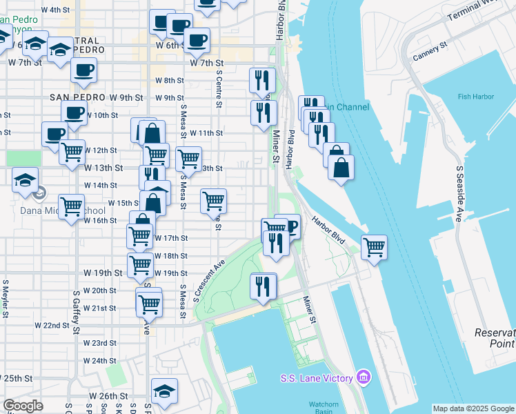 map of restaurants, bars, coffee shops, grocery stores, and more near 1502 South Palos Verdes Street in Los Angeles