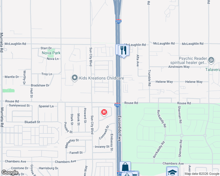 map of restaurants, bars, coffee shops, grocery stores, and more near 26884 Tropicana Drive in Menifee