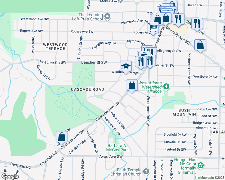 map of restaurants, bars, coffee shops, grocery stores, and more near 1679 Altadena Place Southwest in Atlanta