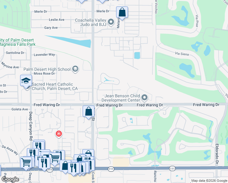 map of restaurants, bars, coffee shops, grocery stores, and more near 75355 Santa Fe Trail in Palm Desert