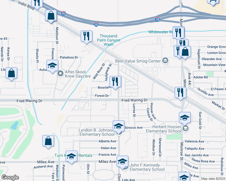 map of restaurants, bars, coffee shops, grocery stores, and more near 43890 Pacific Avenue in Indio