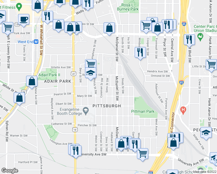map of restaurants, bars, coffee shops, grocery stores, and more near 897 Sims Street Southwest in Atlanta