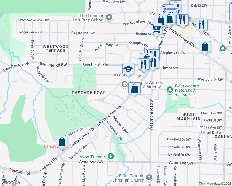 map of restaurants, bars, coffee shops, grocery stores, and more near 1679 Altadena Place Southwest in Atlanta