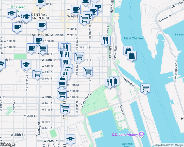map of restaurants, bars, coffee shops, grocery stores, and more near 281 West 15th Street in Los Angeles