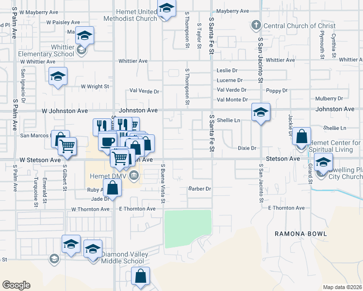 map of restaurants, bars, coffee shops, grocery stores, and more near 658 Monterey Place in Hemet