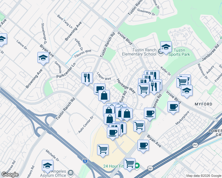 map of restaurants, bars, coffee shops, grocery stores, and more near 13417 Kearney Drive in Tustin