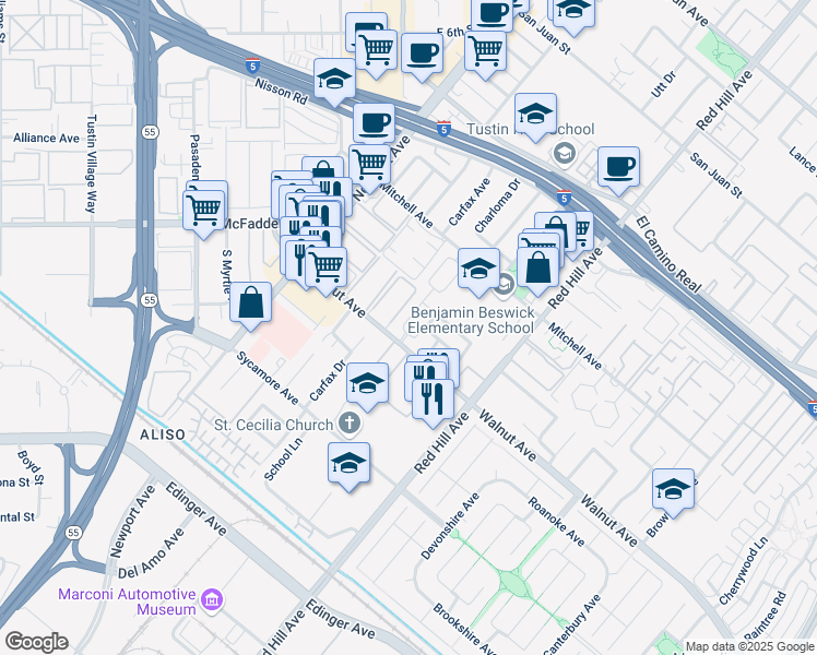 map of restaurants, bars, coffee shops, grocery stores, and more near 14462 Wildeve Lane in Tustin