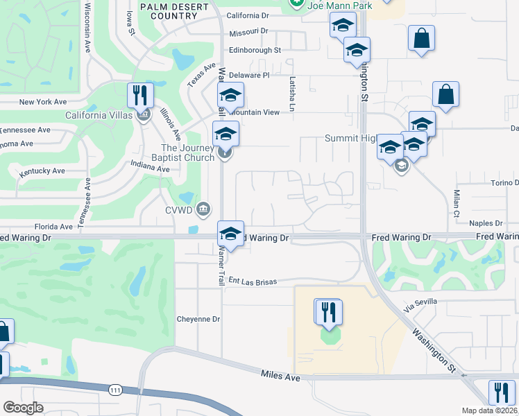map of restaurants, bars, coffee shops, grocery stores, and more near 43838 Vía Granada in Palm Desert