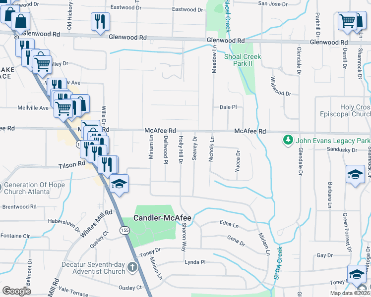 map of restaurants, bars, coffee shops, grocery stores, and more near 2050 Holly Hill Dr in Decatur