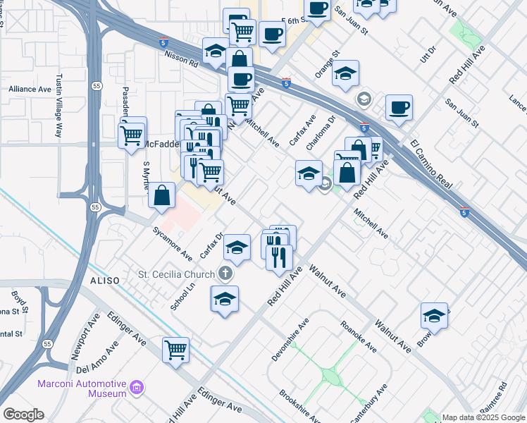 map of restaurants, bars, coffee shops, grocery stores, and more near 14462 Wildeve Lane in Tustin