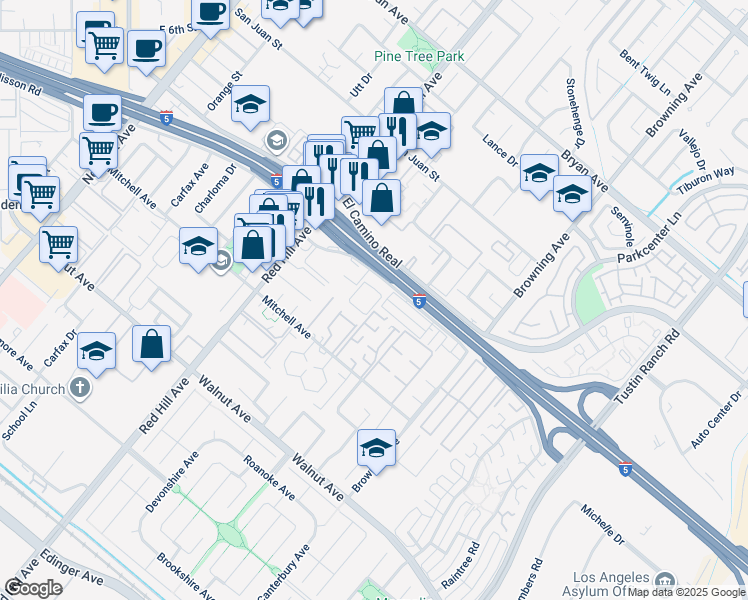 map of restaurants, bars, coffee shops, grocery stores, and more near 1722 Nisson Road in Tustin