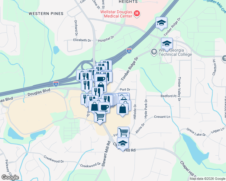 map of restaurants, bars, coffee shops, grocery stores, and more near 4885 Timber Ridge Drive in Douglasville