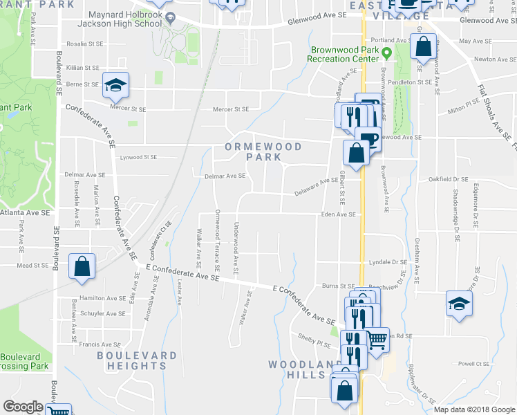map of restaurants, bars, coffee shops, grocery stores, and more near 978 Eden Avenue Southeast in Atlanta