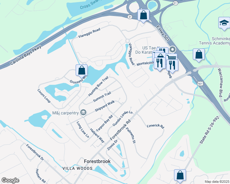 map of restaurants, bars, coffee shops, grocery stores, and more near 4342 Summit Trail in Myrtle Beach
