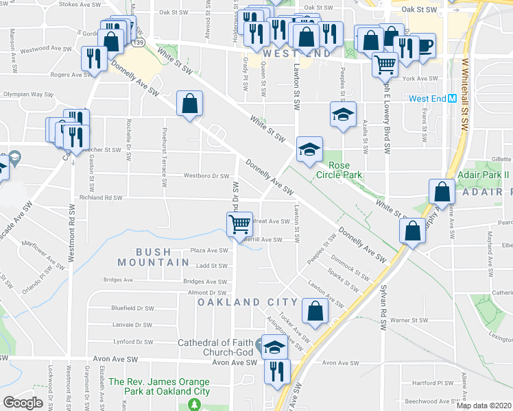 map of restaurants, bars, coffee shops, grocery stores, and more near 903 Hall Street Southwest in Atlanta