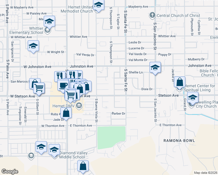 map of restaurants, bars, coffee shops, grocery stores, and more near 658 Monterey Place in Hemet