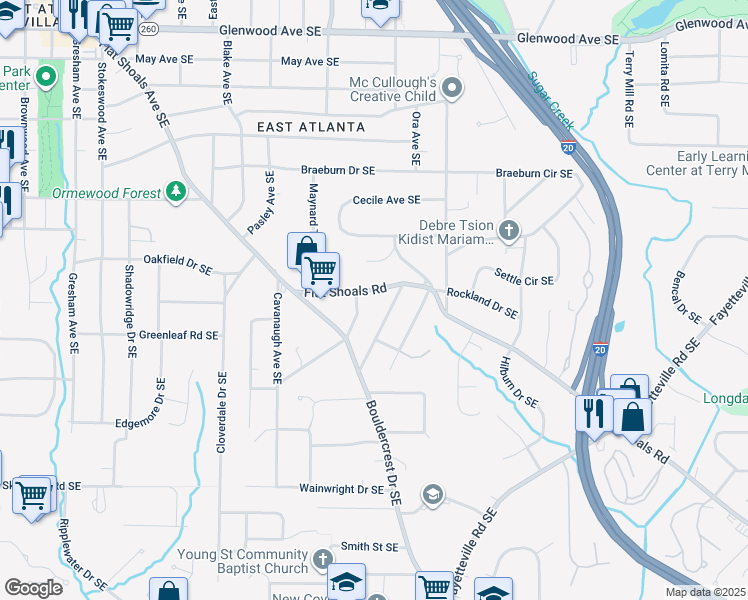 map of restaurants, bars, coffee shops, grocery stores, and more near 1679 Flat Shoals Road Southeast in Atlanta