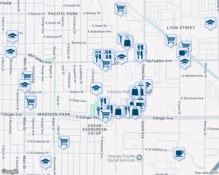 map of restaurants, bars, coffee shops, grocery stores, and more near 1402 South Minnie Street in Santa Ana