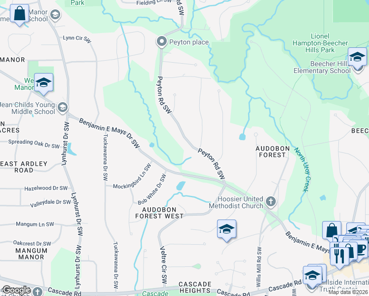 map of restaurants, bars, coffee shops, grocery stores, and more near 925 Peyton Road Southwest in Atlanta