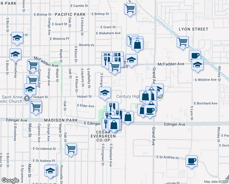 map of restaurants, bars, coffee shops, grocery stores, and more near 1401 South Standard Avenue in Santa Ana