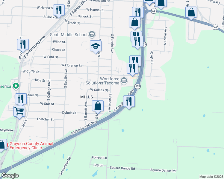 map of restaurants, bars, coffee shops, grocery stores, and more near 501 West Collins Street in Denison