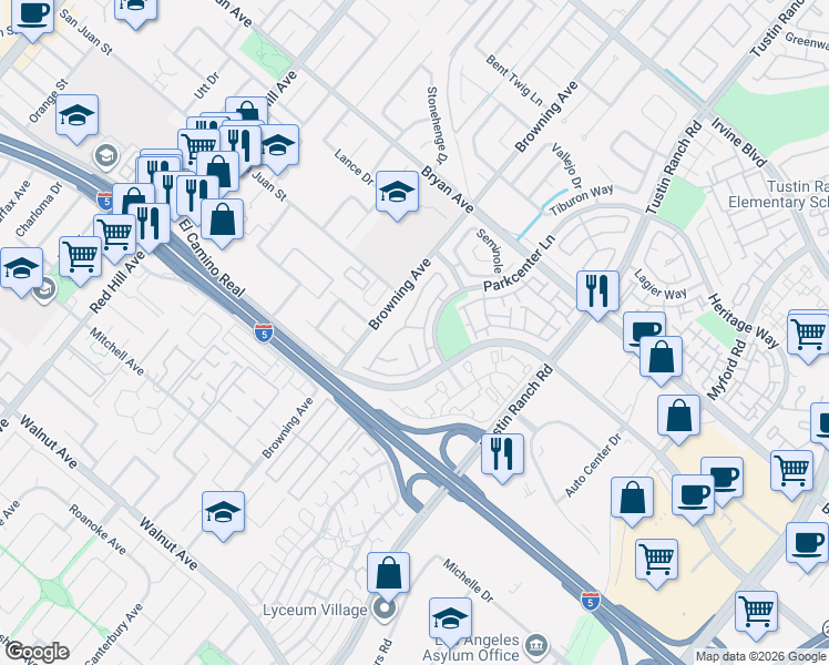 map of restaurants, bars, coffee shops, grocery stores, and more near 2026 Arapahoe in Tustin