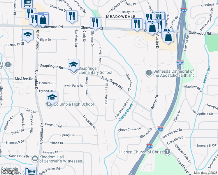 map of restaurants, bars, coffee shops, grocery stores, and more near 2038 Chestnut Hill Circle in Decatur