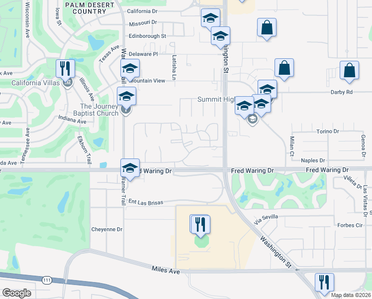 map of restaurants, bars, coffee shops, grocery stores, and more near 43751 Ave Alicante in Palm Desert