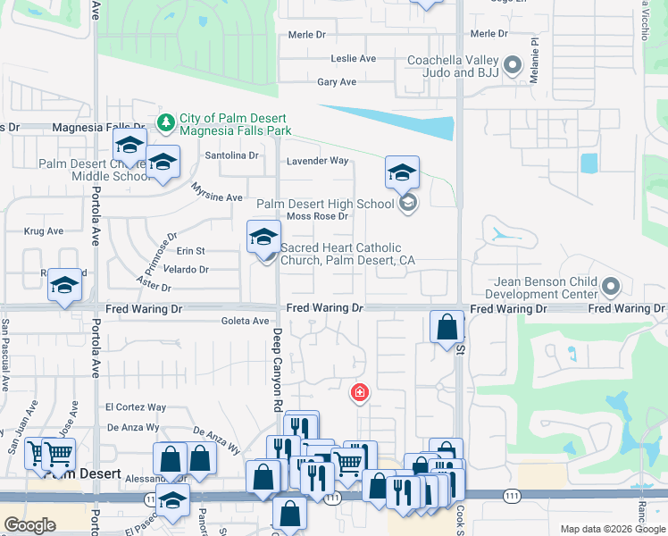 map of restaurants, bars, coffee shops, grocery stores, and more near 68 Rocio Court in Palm Desert