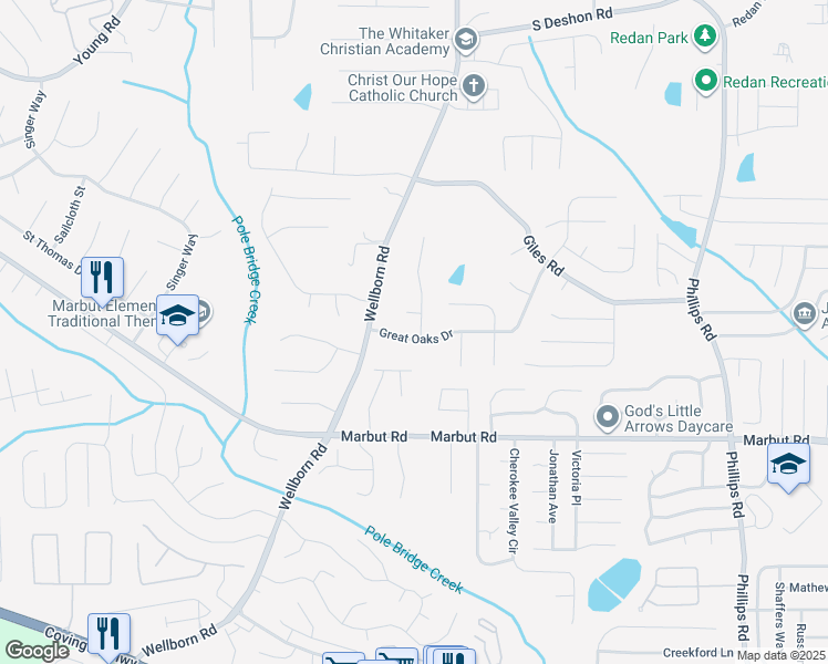 map of restaurants, bars, coffee shops, grocery stores, and more near 6000 Great Oaks Drive in Lithonia